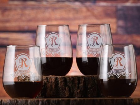 Laser Etched Personalized Stemless Wine Glass Gift Set of 4 For Sale