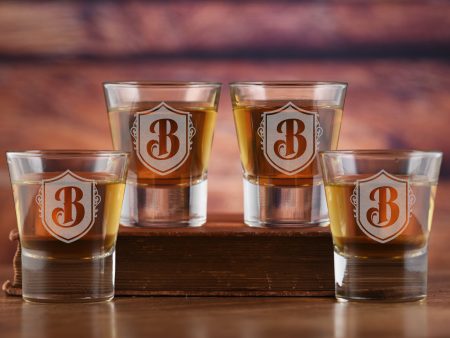 Laser Etched Monogram Shot Glass Gift Set of 4 For Sale