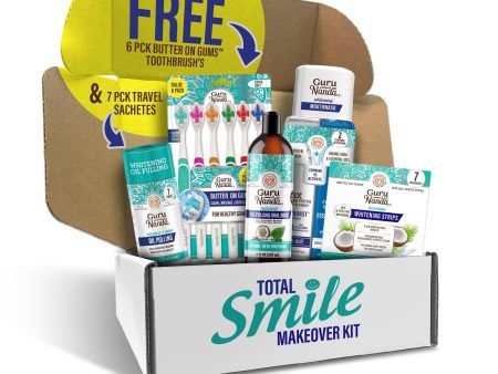 Total Smile Makeover Regular Kit - 8oz Cocomint Pulling Oil + Dual Barrel Mouthwash + Whitening Strips + 6 Pack Butter on Gums Toothbrush + 7 Oil Pulling Travel Sachets Online Hot Sale