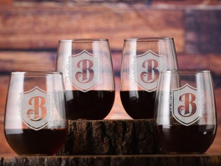 Laser Etched Monogram Stemless Wine Glass Gift Set of 4 Cheap