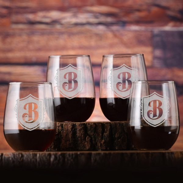 Laser Etched Monogram Stemless Wine Glass Gift Set of 4 Cheap